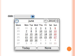 Date Time <Input> Typesdate 			http://www.standardista.com/webkit/ch4/date.htmldatetimehttp://www.standardista.com/webkit/ch4/datetime.htmldatetime-localhttp://www.standardista.com/webkit/ch4/datetime-loca.htmlmonth 		http://www.standardista.com/webkit/ch4/month.htmlTimehttp://www.standardista.com/webkit/ch4/time.htmlweekhttp://www.standardista.com/webkit/ch4/month.html