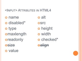 <Input> Attributes in HTML4 name  disabled*  type maxlengthreadonlysize value  altsrc height width checked*align* CSS pseudoclasses