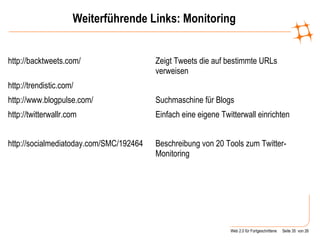 Weiterführende Links: Monitoring http://backtweets.com/ Zeigt Tweets die auf bestimmte URLs verweisen http://trendistic.com/ http://www.blogpulse.com/ Suchmaschine für Blogs http://twitterwallr.com Einfach eine eigene Twitterwall einrichten http://socialmediatoday.com/SMC/192464 Beschreibung von 20 Tools zum Twitter-Monitoring 