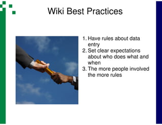 Wiki Best Practices

        1. Have rules about data
           entry
        2. Set clear expectations
           about who does what and
           when
        3. The more people involved
           the more rules
 