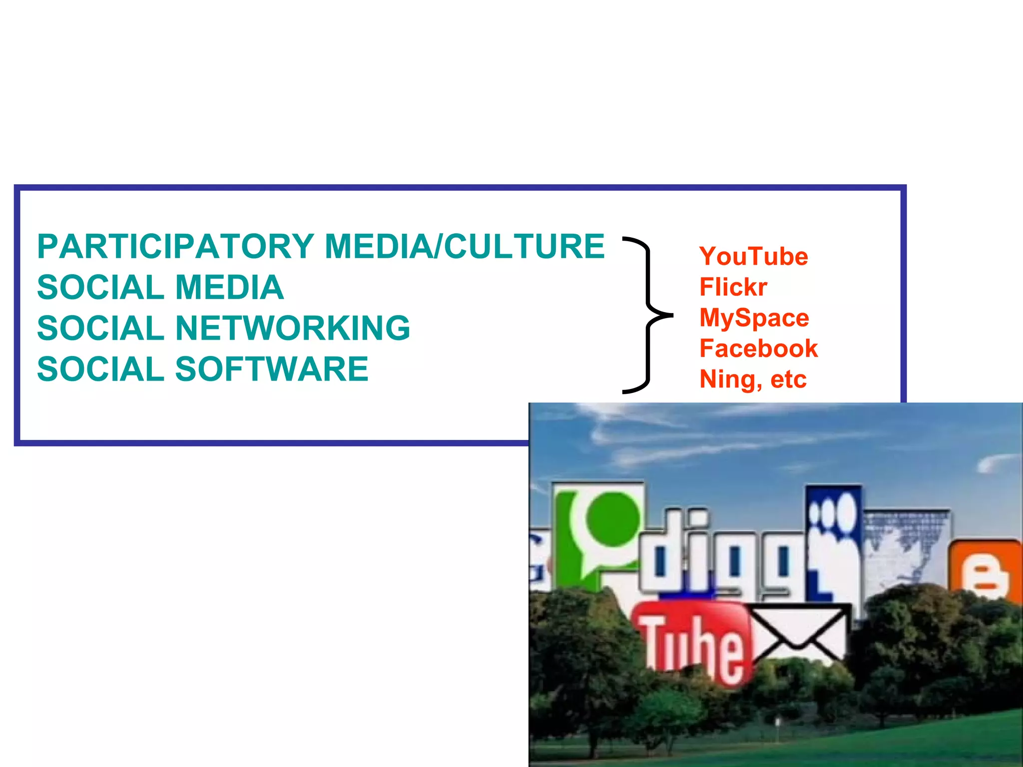 PARTICIPATORY MEDIA/CULTURE SOCIAL MEDIA  SOCIAL NETWORKING SOCIAL SOFTWARE YouTube Flickr MySpace Facebook Ning, etc 