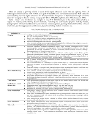 Gabriela Grosseck / Procedia Social and Behavioral Sciences 1 (2009) 478–482                                    479


   There are already a growing number of actors from higher education sector who are exploring Web 2.0
technologies in their activities with students or as part of their PLE. It is important to realize that Web 2.0 has to
share something new with higher education - the development of a clear picture of the features that might constitute
a new ICT pedagogy in the 21st century: pedagogy 2.0 (Dron, 2006; McLoughlin & Lee, 2007; Hargadon, 2008).
   Table 1 renders some possibilities and examples of using Web 2.0 technologies by the authors of this article as a
support for preparing and collecting didactic materials, evaluating and analyzing the progress made by students,
putting together informative and formative presentations, time management, planning the timetable and the calendar
of activities, developing projects in collaboration, digital storytelling, students eportfolios etc.

                                    Table 1 Models of integrating Web 2.0 technologies in HE

     Technology 2.0                                                  Educational applications
Blogging                     use blogs for real-world writing experiences
                             pull class blogs together into one area for easy tracking
                             quickly give feedback to students, and students to each other
                             students use peer networks to develop their own knowledge
                             update new information such as homework and assignments
                             using comments in blogs can encourage students to help each other with their writing, and get responses to a
                             question without getting the same answer twenty times etc.
Microblogging                classroom community, exploring collaborative writing, reader response, collaboration across schools,
                             countries, project management, assessing opinion, platform for metacognition, conference or as part of a
                             presentation or workshop, for reference or research, facilitating virtual classroom discussion, creating a
                             learning experience, a Personal Learning Network
                             use for dissemination of teachers’ publications and materials, locating original sources of ideas, quotes,
                             allows for very focused and concrete feedback to students to refine their thinking and improve their skills,
                             fostering professional connections, informal research, for storytelling, follow a professional, get feedback on
                             ideas, event updates, live coverage of events, build trust, build a community etc.
Wikis                        use for student projects; use for collaborating on ideas and organizing documents and resources from
                             individuals and groups of students
                             use as a presentation tool (as e-portfolios); as a group research project for a specific idea; manage school and
                             classroom documents; use as a collaborative handout for students; writing: student created books and
                             journaling
                             create and maintain a classroom FAQ; as a classroom discussion and debate area; a place to aggregate web
                             resources; supporting committees, working parties and university projects etc.
Photo / Slides Sharing       share, comment, and add notes to photos or images to be used in the classroom
                             inspire writing and creativity; create a presentation using the photos
                             use tags to find photos of areas and events around the world for use in the classroom.
                             post student presentations to an authentic audience and get feedback from around the world; share
                             professional development materials and have it available anywhere, anytime, to anyone; post presentations
                             of special events
Video Sharing                video professional development on own terms; create an own subject specific videos with students; use
                             video sharing sites to find videos on current issues etc.
Syndication of content       professional development, time saving; updated information in teaching area
through RSS                  information coming from constraining sources; sharing work with other educators
                             RSS feeds can potentially replace traditional email lists, reducing email overload
                             RSS feeds can be used to keep course specific webpages current and relevant etc.
Social Bookmarking           create a set of resources that can be accessed on any computer connected to the internet; conduct research
                             and share that research with peers
                             track author and book updates; groups of students doing a classroom project sharing their bookmarks; rate
                             and review bookmarks to help with students decide on usefulness of resources; setup a group tag in order to
                             share educational resources
                             share one del.icio.us account between a number of different subject specific educators in order to share
                             resources with each other etc.
Social Networking            event support and continuation, team and community support, aggregation of social media applications,
                             personal learning environments etc. (Cobbs, 2008)
Other tools                  instant messaging increase the sense of community and accessibility which is required for collaborative
                             learning; VoIP can promote international collaborations and understanding; calendars make calendar events,
                             homework, anything you want available on mobile devices connected to the Internet
                             survey and polls, online diagrams and web-based word processor, on-line spreadsheet, social search, mind
                             mapping; virtual worlds - virtual conferences and seminars, team meetings and collaboration spaces,
                             simulations etc.
 