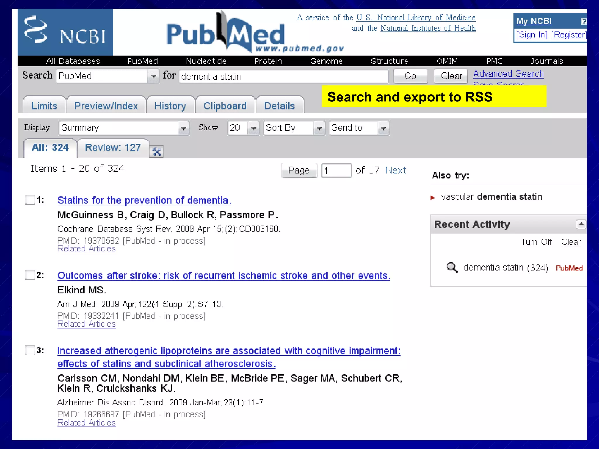Search and export to RSS 
