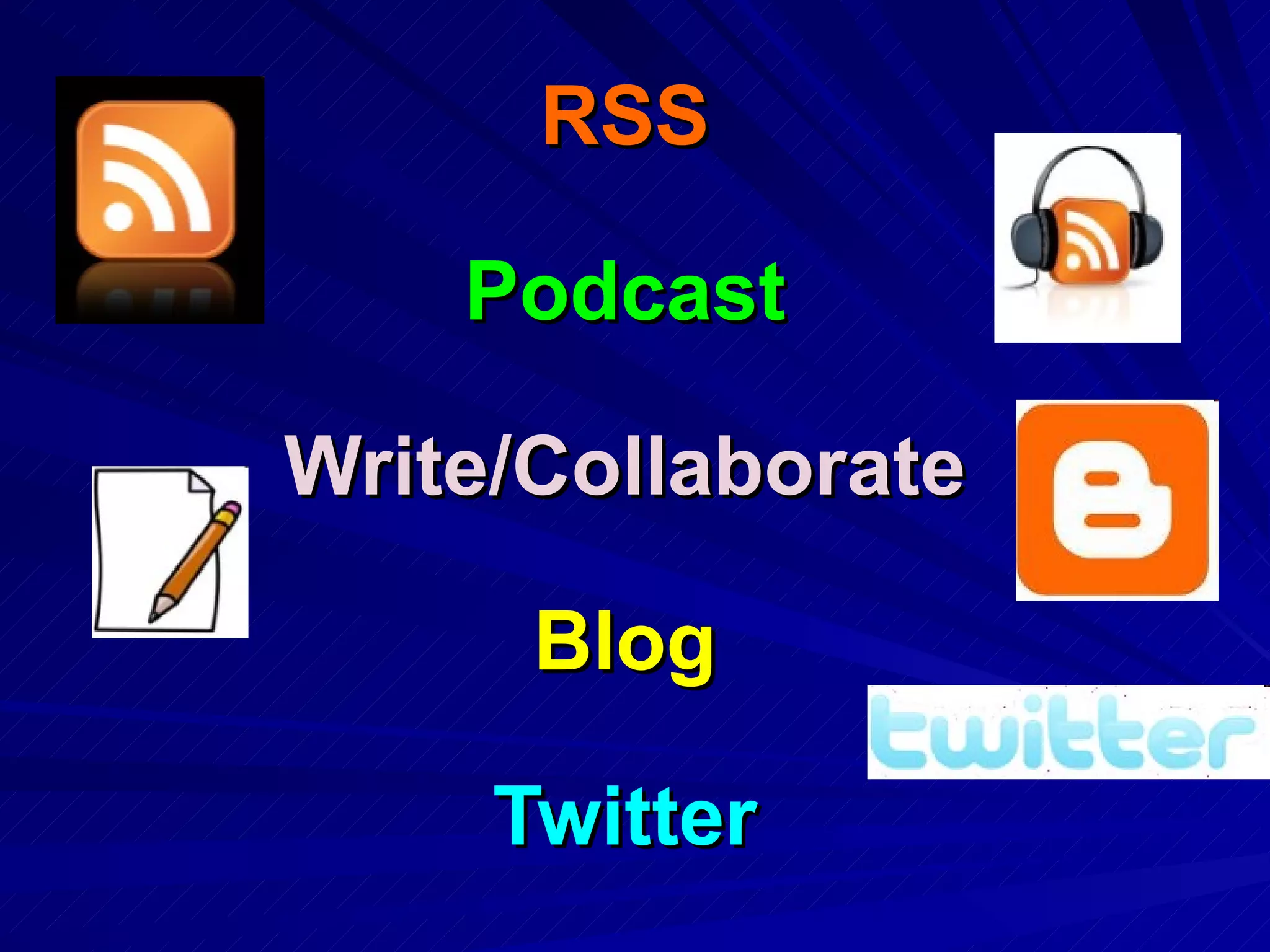 RSS Podcast Write/Collaborate Blog Twitter Social network - Facebook 