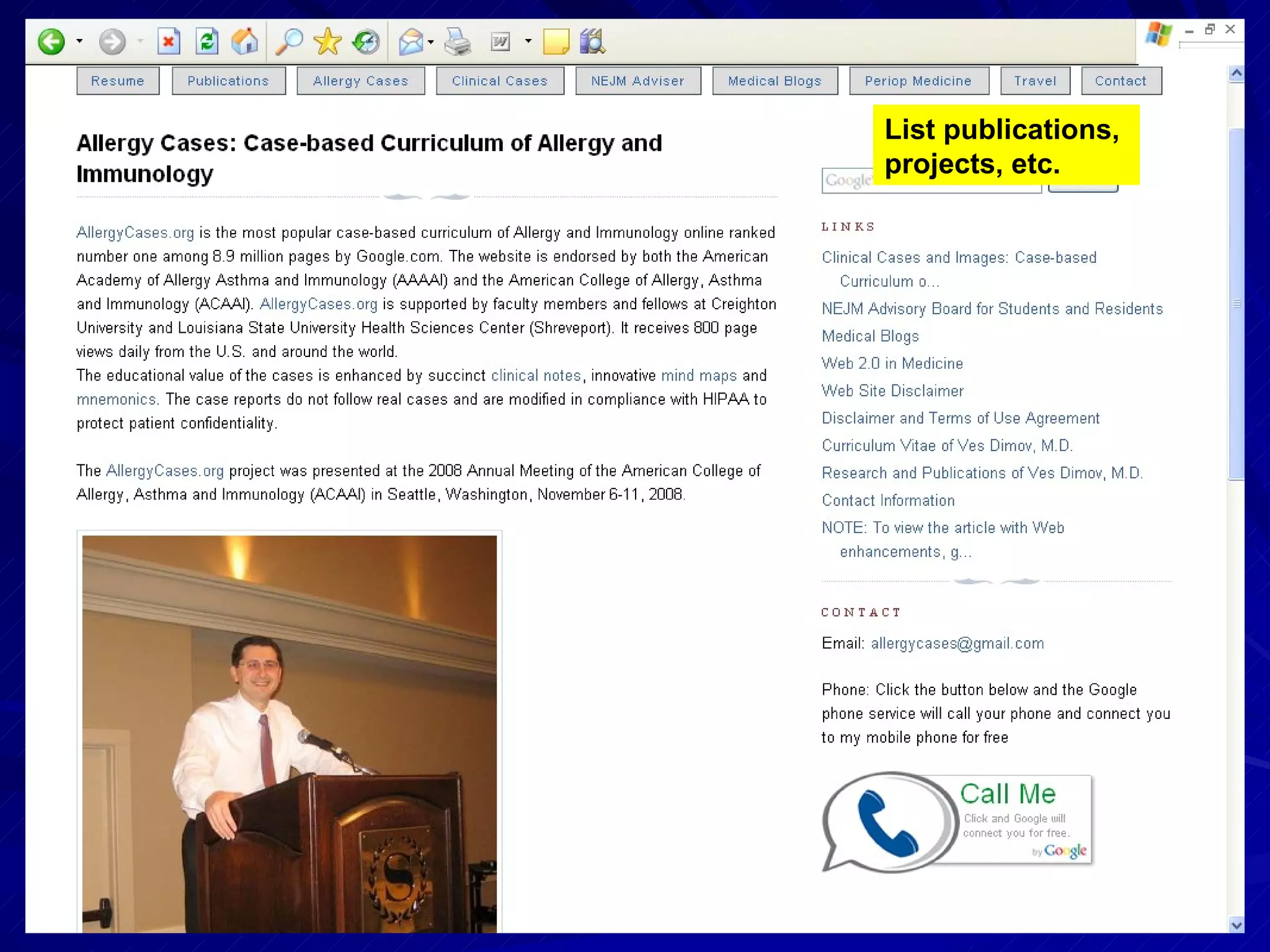 List publications, projects, etc. 