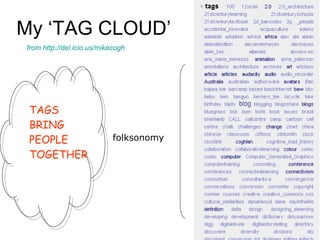 My ‘TAG CLOUD’ folksonomy from http://del.icio.us/mikecogh TAGS  BRING PEOPLE  TOGETHER 