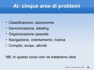 AI: cinque aree di problemi Classificazione, tassonomia Denominazione, labeling Organizzazione spaziale Navigazione, orientamento, ricerca Compito, scopo, attività NB: In questo corso non ne tratteremo oltre R.Polillo – Corso Web 2.0 (dic 2008) 