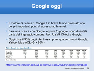 Google oggi Il motore di ricerca di Google è in breve tempo diventato uno dei più importanti punti di accesso ad Internet.  Fare una ricerca con Google, oppure  to google , sono diventati parte del linguaggio comune.  Non lo sai? Chiedi a Google .  Oggi circa il 95% degli utenti usa i primi quattro motori: Google, Yahoo, Ms e AOL (G > 60%) ‏ http://www.techcrunch.com/wp-content/uploads/2008/06/searchjune08b.jpg R.Polillo – Corso Web 2.0 (dic 2008) 