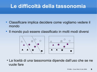 Le difficoltà della tassonomia Classificare implica decidere come vogliamo vedere il mondo Il mondo può essere classificato in molti modi diversi La liceità di una tassonomia dipende dall’uso che se ne   vuole fare R.Polillo – Corso Web 2.0 (dic 2008) 