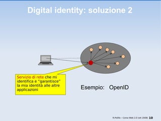 Digital identity: soluzione 2 Servizio di rete  che mi identifica e “garantisce” la mia identità alle altre applicazioni R.Polillo – Corso Web 2.0 (ott 2008) Esempio:  OpenID 
