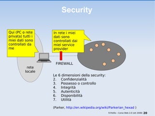 Security Qui (PC o rete privata) tutti i miei dati sono controllati da me In rete i miei dati sono controllati dai miei service provider FIREWALL rete locale R.Polillo – Corso Web 2.0 (ott 2008) Le 6 dimensioni della security: Confidenzialità Possesso o controllo Integrità  Autenticità  Disponibilità Utilità   (Parker,  http://en.wikipedia.org/wiki/Parkerian_hexad  ) 