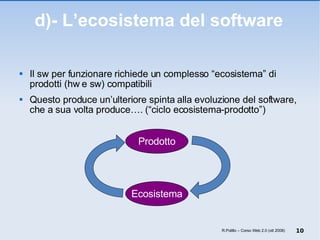 d)- L’ecosistema del software Il sw per funzionare richiede un complesso “ecosistema” di prodotti (hw e sw) compatibili Questo produce un’ulteriore spinta alla evoluzione del software, che a sua volta produce…. (“ciclo ecosistema-prodotto”)  R.Polillo – Corso Web 2.0 (ott 2008) Prodotto Ecosistema 