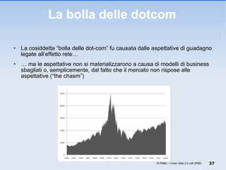 La bolla delle dotcom La cosiddetta “bolla delle dot-com” fu causata dalle aspettative di guadagno legate all’effetto rete… …  ma le aspettative non si materializzarono a causa di modelli di business sbagliati o, semplicemente, dal fatto che il mercato non rispose alle aspettative (“the chasm”) R.Polillo – Corso Web 2.0 (ott 2008) 