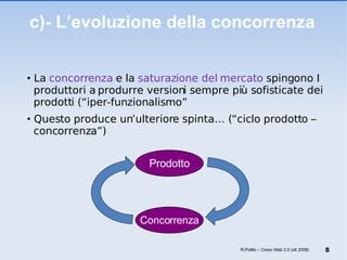 c)- L’evoluzione della concorrenza La  concorrenza  e la  saturazione del mercato  spingono I   produttori a produrre versioni sempre più sofisticate dei   prodotti (“iper-funzionalismo” Questo produce un’ulteriore spinta… (“ciclo prodotto –   concorrenza”)  R.Polillo – Corso Web 2.0 (ott 2008) Prodotto Concorrenza 