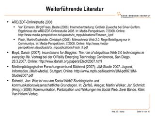 Weiterführende Literatur ARD/ZDF-Onlinestudie 2008 Van Eimeren, Birgit/Frees, Beate (2008): Internetverbreitung: Größter Zuwachs bei Silver-Surfern. Ergebnisse der ARD/ZDF-Onlinestudie 2008. In: Media-Perspektiven, 7/2008. Online: http://www.media-perspektiven.de/uploads/tx_mppublications/Eimeren_I.pdf Fisch, Martin/Gscheidle, Christoph (2008): Mitmachnetz Web 2.0: Rege Beteiligung nur in Communitys. In: Media-Perspektiven, 7/2008. Online: http://www.media-perspektiven.de/uploads/tx_mppublications/Fisch_II.pdf Boyd, Danah (2007):  Incantations for Muggles: The role of ubiquitious Web 2.0 technologies in everyday life . Vortrag bei der O‘Reilly Emerging Technology Conference, San Diego, 28.3.2007. Online: http://www.danah.org/papers/Etech2007.html Medienpädagogischer Forschungsverbund Südwest (2007):  JIM-Studie 2007. Jugend, Information, (Multi-Media).  Stuttgart. Online: http://www.mpfs.de/fileadmin/JIM-pdf07/JIM-Studie2007.pdf Schmidt, Jan:  Was ist neu am Social Web? Soziologische und kommunikationswissenschaftliche Grundlagen . In: Zerfaß, Ansgar; Martin Welker; Jan Schmidt (Hrsg.) (2008): Kommunikation, Partizipation und Wirkungen im Social Web. Zwei Bände. Köln: Van Halem Verlag 