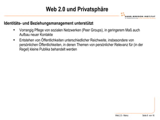 Web 2.0 und Privatsphäre Identitäts- und Beziehungsmanagement unterstützt Vorrangig Pflege von sozialen Netzwerken (Peer Groups), in geringerem Maß auch Aufbau neuer Kontakte Entstehen von Öffentlichkeiten unterschiedlicher Reichweite, insbesondere von persönlichen Öffentlichkeiten, in denen Themen von persönlicher Relevanz für (in der Regel) kleine Publika behandelt werden 