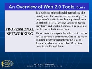 NCSL INTERNATIONAL SERVING THE WORLD OF MEASUREMENT SINCE 1961 An Overview of Web 2.0 Tools  (Cont.) PROFESSIONAL NETWORKING Is a business-oriented social networking site mainly used for professional networking. The purpose of the site is to allow registered users to maintain a list of contact details of people they know and trust in business. The people in the list are called  Connections . Users can invite anyone (whether a site user or not) to become a connection. One of the more common professional networking sites is LinkedIn, which has more that 57 million users in the United States.  