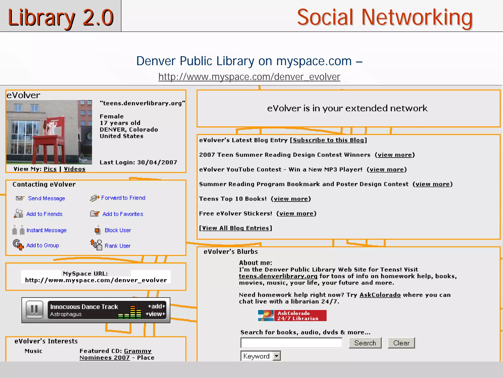Library 2.0                                  Social Networking
              Denver Public Library on myspace.com –
                 http://www.myspace.com/denver_evolver
 