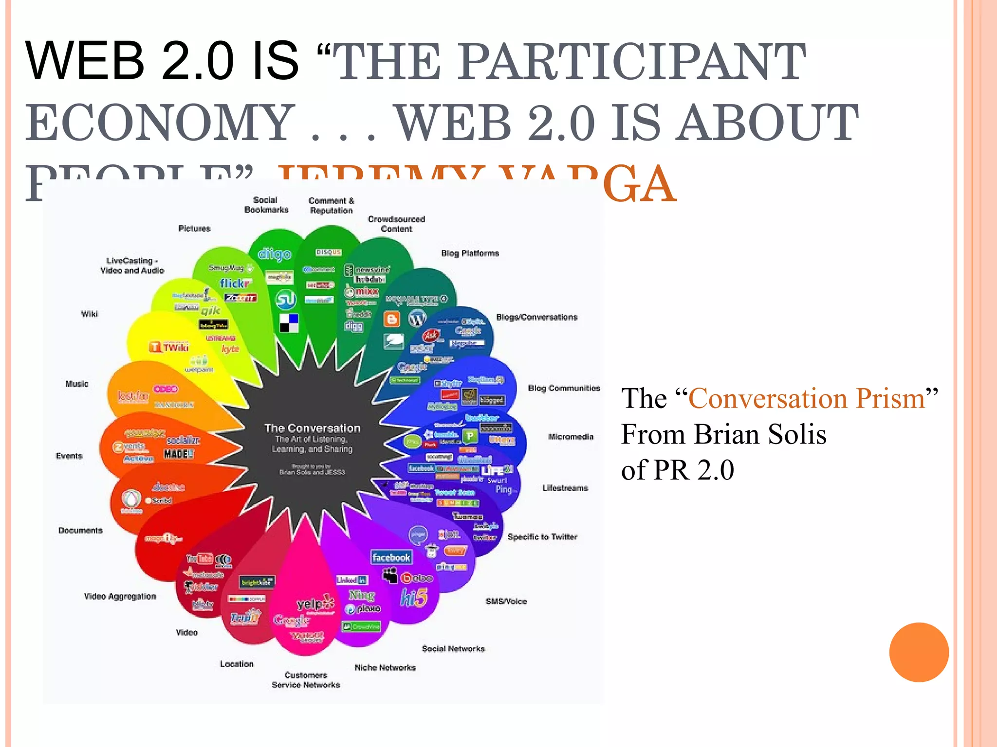 WEB 2.0 IS  “ THE PARTICIPANT ECONOMY . . . WEB 2.0 IS ABOUT PEOPLE”  JEREMY VARGA The “ Conversation Prism ”  From Brian Solis of PR 2.0 