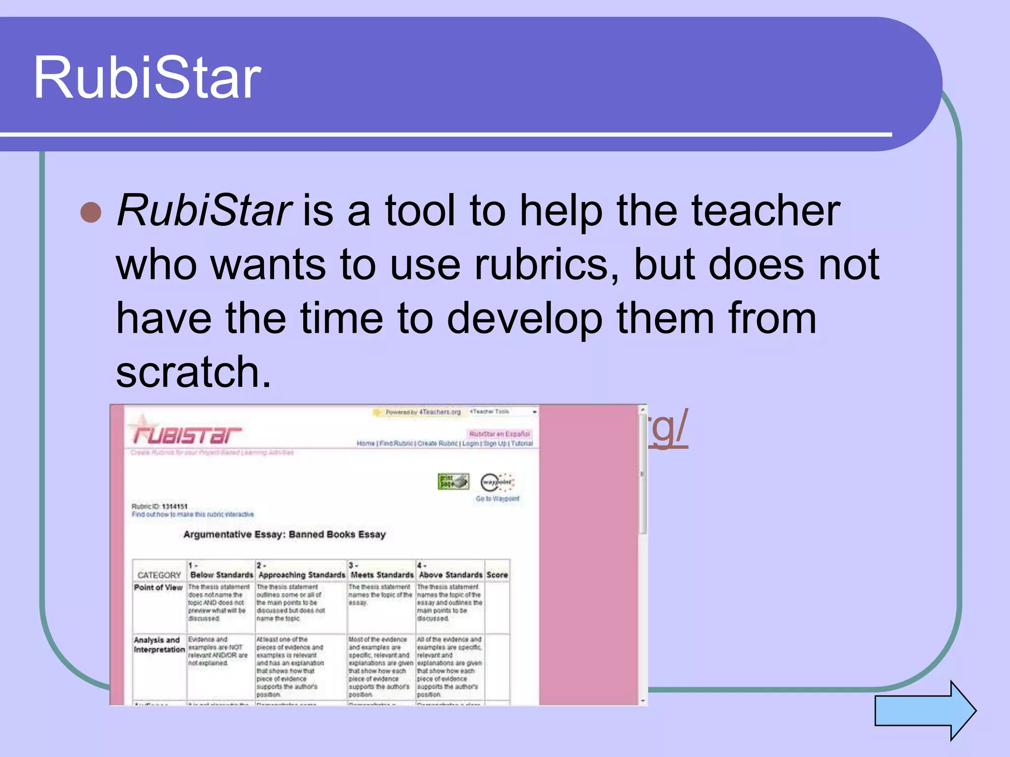 RubiStar

    RubiStar is a tool to help the teacher
     who wants to use rubrics, but does not
     have the time to develop them from
     scratch.
      http://rubistar.4teachers.org/
 