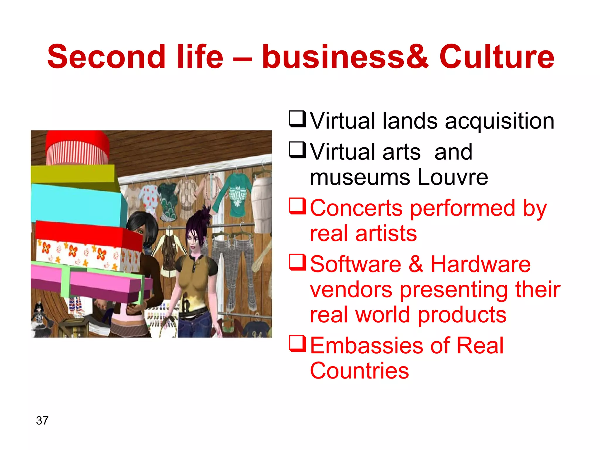 Second life – business& Culture Virtual lands acquisition Virtual arts  and museums Louvre Concerts performed by real artists  Software & Hardware vendors presenting their real world products  Embassies of Real Countries 