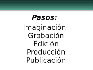Pasos:
Imaginación
 Grabación
   Edición
 Producción
 Publicación
 