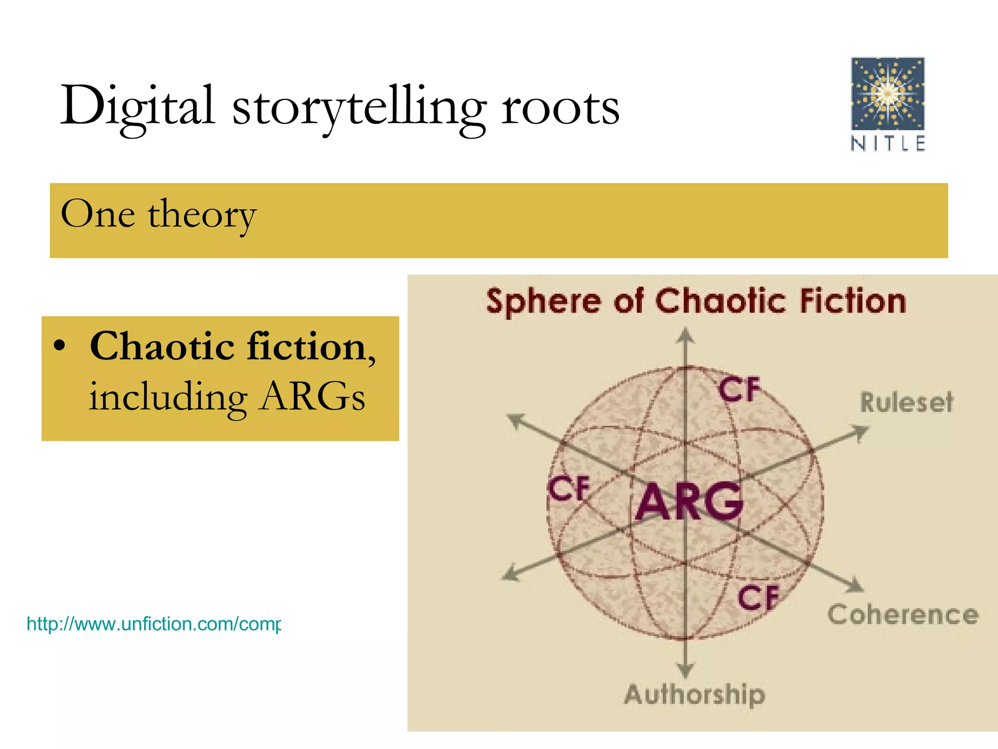 Digital storytelling roots One theory http://www.unfiction.com/compendium/2006/11/10/undefining-arg/2/ Chaotic fiction , including ARGs 