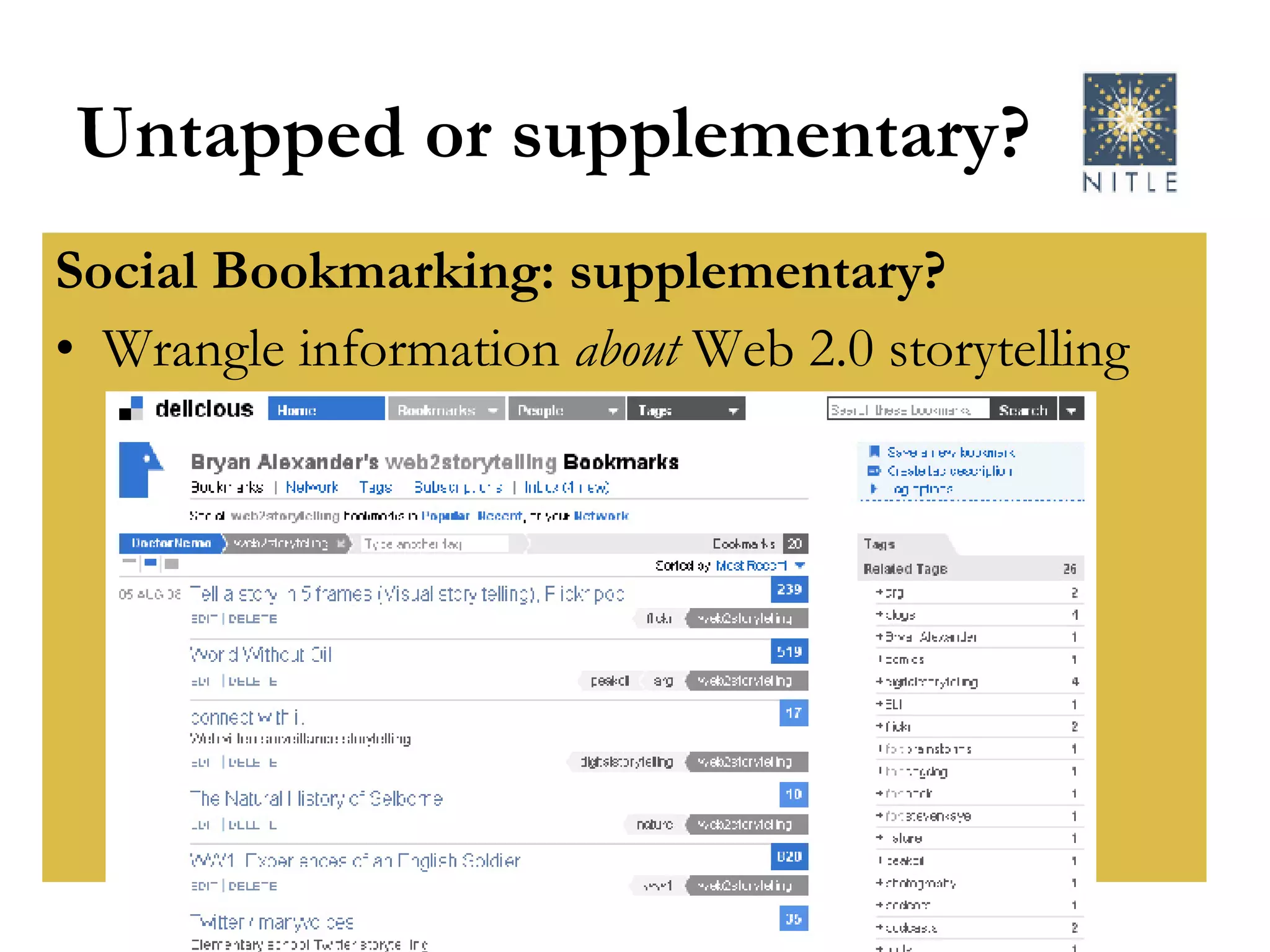 Untapped or supplementary? Social Bookmarking: s upplementary? Wrangle information  about  Web 2.0 storytelling 