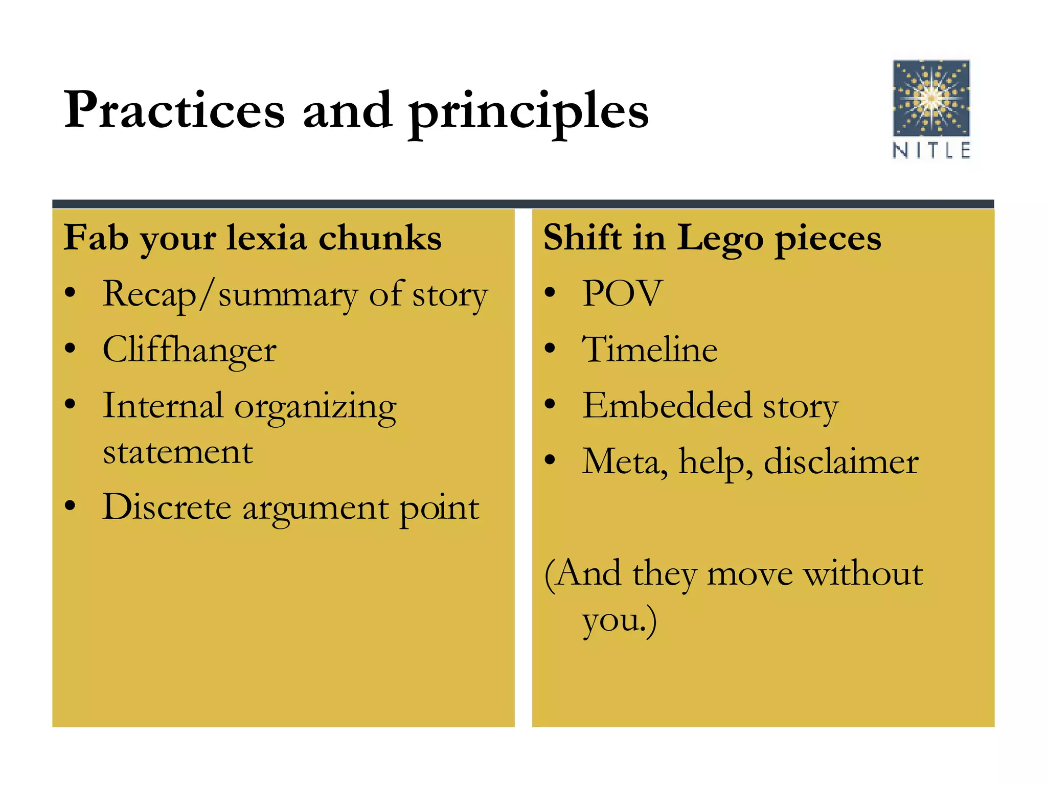 Practices and principles Fab your lexia chunks Recap/summary of story Cliffhanger  Internal organizing statement Discrete argument point Shift in Lego pieces POV Timeline Embedded story Meta, help, disclaimer (And they move without you.) 
