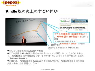 Kindle 版の売上のすごい伸び ピーポーズ株式会社  © 2010 リアルな書籍が 1,000 部売れると、 Kindle 版が 350 部売れる という意味 （ 1/28 付四半期決算発表では、 “ Kindle 版が 600 部” に増加） 2009 年 2 月 機能強化した Kindle 2 を発売 2009 年 5 月 そもそも書籍販売は Amazon の本業 リアル書籍と Kindle 版の間でカニバリゼーションが起こっているのか？それとも、 Kindle 版が純粋増分になっているのかは不明。おそらくその中間という読み（ Business Insider ） とはいえ、 Kindle 端末が Amazon の中核商品であり、 Kindle 版書籍が同社の成長源であることに間違いはない 