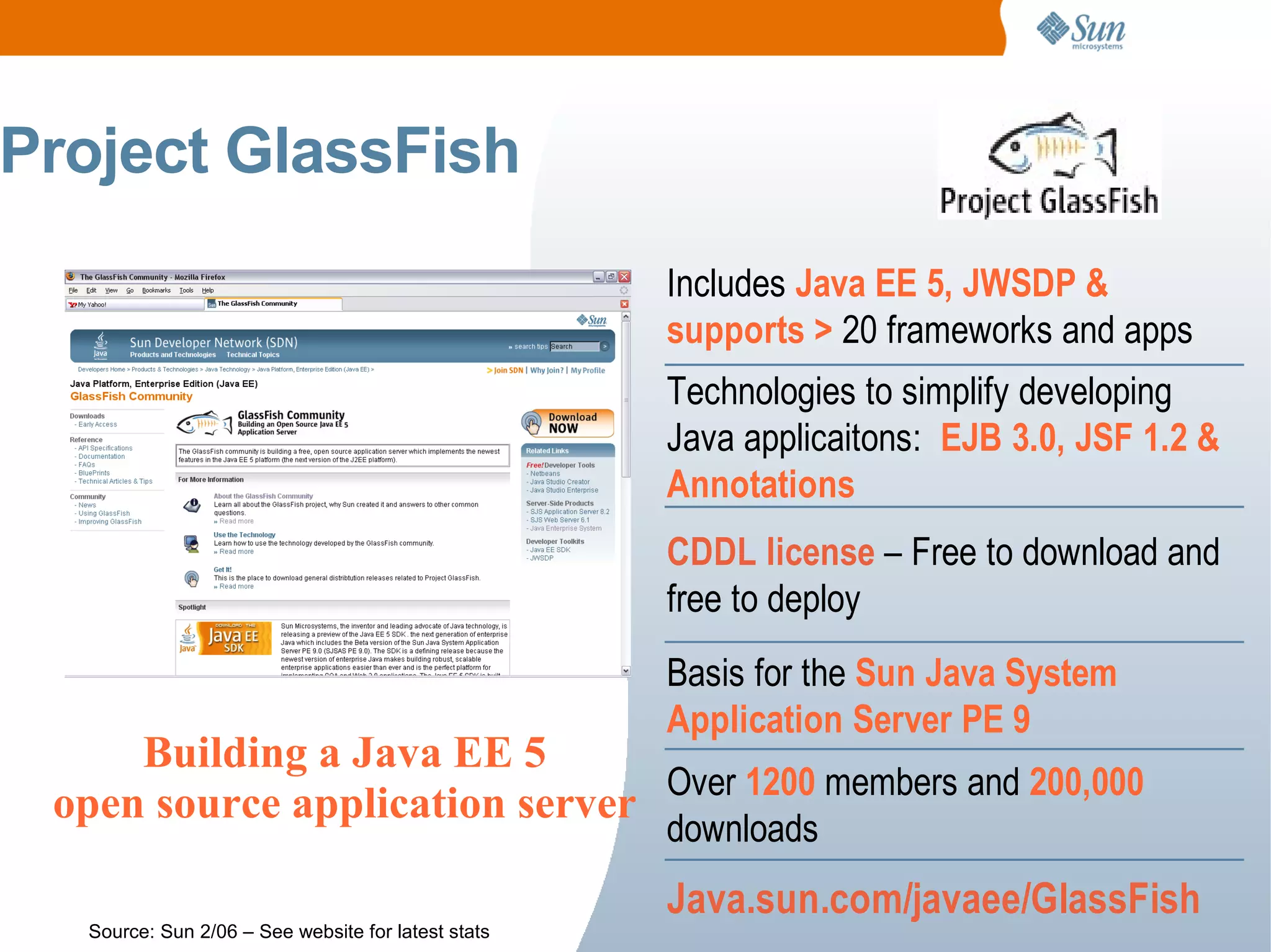 Project GlassFish
                                                    Includes Java EE 5, JWSDP &
                                                    supports > 20 frameworks and apps
                                                    Technologies to simplify developing
                                                    Java applicaitons: EJB 3.0, JSF 1.2 &
                                                    Annotations
                                                    CDDL license – Free to download and
                                                    free to deploy
                                                    Basis for the Sun Java System
                                                    Application Server PE 9
     Building a Java EE 5
 open source application server Over 1200 members and 200,000
                                                    downloads
                                                    Java.sun.com/javaee/GlassFish
  Source: Sun 2/06 – See website for latest stats
 