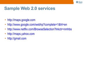 Sample Web 2.0 services

•   http://maps.google.com
•   http://www.google.com/webhp?complete=1&hl=en
•   http://www.netflix.com/BrowseSelection?lnkctr=nmhbs
•   http://maps.yahoo.com
•   http://gmail.com
 