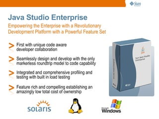 Java Studio Enterprise
Empowering the Enterprise with a Revolutionary
Development Platform with a Powerful Feature Set

    First with unique code aware
    developer collaboration
    Seamlessly design and develop with the only
    markerless roundtrip model to code capability
    Integrated and comprehensive profiling and
    testing with built in load testing

    Feature rich and compelling establishing an
    amazingly low total cost of ownership
 