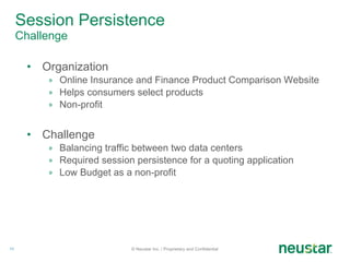 Session Persistence  Challenge Organization  Online Insurance and Finance Product Comparison Website Helps consumers select products Non-profit Challenge Balancing traffic between two data centers Required session persistence for a quoting application Low Budget as a non-profit © Neustar Inc. / Proprietary and Confidential 