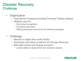 Disaster Recovery Challenge Organization International Company providing Financial Trading software Website used for: Drive brand recognition Providing information Offering download services for its software packages Challenge Maintain a single data center facility Secondary site acting as failover for Disaster Recovery Both data centers are hosting providers Limited ability to deploy their own hardware solution © Neustar Inc. / Proprietary and Confidential 
