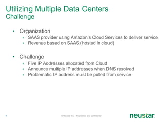 Utilizing Multiple Data Centers  Challenge Organization SAAS provider using Amazon’s Cloud Services to deliver service Revenue based on SAAS (hosted in cloud) Challenge Five IP Addresses allocated from Cloud Announce multiple IP addresses when DNS resolved Problematic IP address must be pulled from service © Neustar Inc. / Proprietary and Confidential 