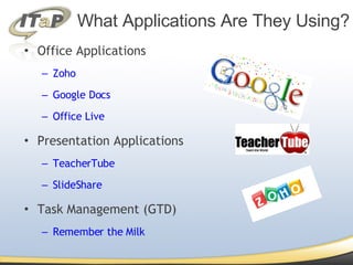 Office Applications Zoho Google Docs Office Live Presentation Applications TeacherTube SlideShare Task Management (GTD) Remember the Milk What Applications Are They Using? 