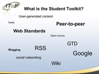 What is the Student Toolkit? feeds Web Standards Blogging RSS Peer-to-peer Wiki GTD User-generated content social networking Google Open source 