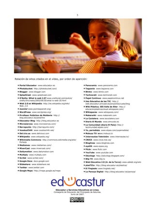 5




Relación de sitios citados en el vídeo, por orden de aparición:

  • Portal Educastur: www.educastur.es                                • Panoramio: www.panoramio.com
  • Photobucket: http://photobucket.com/                              • Tagzania: www.tagzania.com
  • Blogger: www.blogger.com                                          • Blinkx: www.blinkx.com
  • SplashCast: www.splashcast.com                                    • Technorati: www.technorati.com
  • O’Reilly: What is web 2.0? www.oreillynet.com/pub/a/              • Papel Contínuo: www.papelcontinuo.net
    oreilly/tim/news/2005/09/30/what-is-web-20.html                   • Uso Educativo de las TIC: http://
  • Web 2.0 en Wikipedia: http://es.wikipedia.org/wiki/                 web.educastur.princast.es/proyectos/cuate/blog
    Web_2.0                                                           • Wiki Plástica. IES Valle de Aller: http://
  • Joomla! www.joomlaspanish.org/                                      educacionplasticayvisual.wikispaces.com/
  • WordPress: www.wordpress.org/                                     • Wikispaces: www.wikispaces.com/
  • Prrofesor Potâchov de Moldavia: http://                           • Makerwiki: www.makerwiki.com
    blog.educastur.es/potachov                                        • La Coctelera: www.lacoctelera.com
  • Educastur Blog: http://blog.educastur.es                          • Diario El Mundo: www.elmundo.es
  • Microsiervos: www.microsiervos.com/                               • La Comunidad (diario El Pais): http://
  • Barrapunto: http://barrapunto.com/                                  lacomunidad.elpais.com/
  • VoodooChilli: www.voodoochilli.net/                               • Yo, periodista: www.elpais.com/yoperiodista/
  • Del.icio.us: www.delicious.com                                    • Mobuzz TV: www.mobuzz.tv
  • Wikipedia: www.wikipedia.org/                                     • Internautas Televisión: www.internautas.tv/
  • Wikimedia Commons: http://commons.wikimedia.org/wiki/             • CNICE: www.cnice.mec.es/
    Portada                                                           • Bloglines: www.bloglines.com
  • Mediamax: www.mediamax.com/                                       • eyeOS: www.eyeos.org
  • MixerCast: www.mixercast.com/                                     • Flickr: www.flickr.com
  • Dailymotion: www.dailymotion.com                                  • YouTube: www.youtube.com
  • Multiply: www.multiply.com                                        • Eduvlogs: http://eduvlogs.blogspot.com/
  • Scribd: www.scribd.com/                                           • Blip TV: www.blip.tv
  • Google Docs: docs.google.com                                      • Web Educativa 2.0 (A. de la Torre): www.adelat.org/wiki
  • Slideshare: www.slideshare.net                                    • plasTICa: http://blog.educastur.es/plastica/
  • Twitter: www.twitter.com                                          • El Tinglado: www.tinglado.net/
  • Google Maps: http://maps.google.es/maps                           • La Panoya Digital: http://blog.educastur.es/panoya/




                                        Educastur y Servicios Educativos en Línea.
                                      Consejería de Educación del Principado de Asturias.
                                                       Junio de 2007.
 