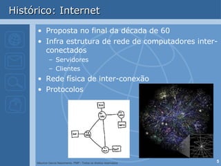 Histórico: Internet Proposta no final da década de 60 Infra estrutura de rede de computadores inter-conectados Servidores Clientes Rede física de inter-conexão Protocolos 