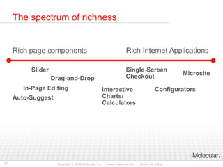 The spectrum of richness Rich page components  Rich Internet Applications Single-Screen Checkout Slider Drag-and-Drop Configurators In-Page Editing Auto-Suggest Microsite Interactive Charts/ Calculators 