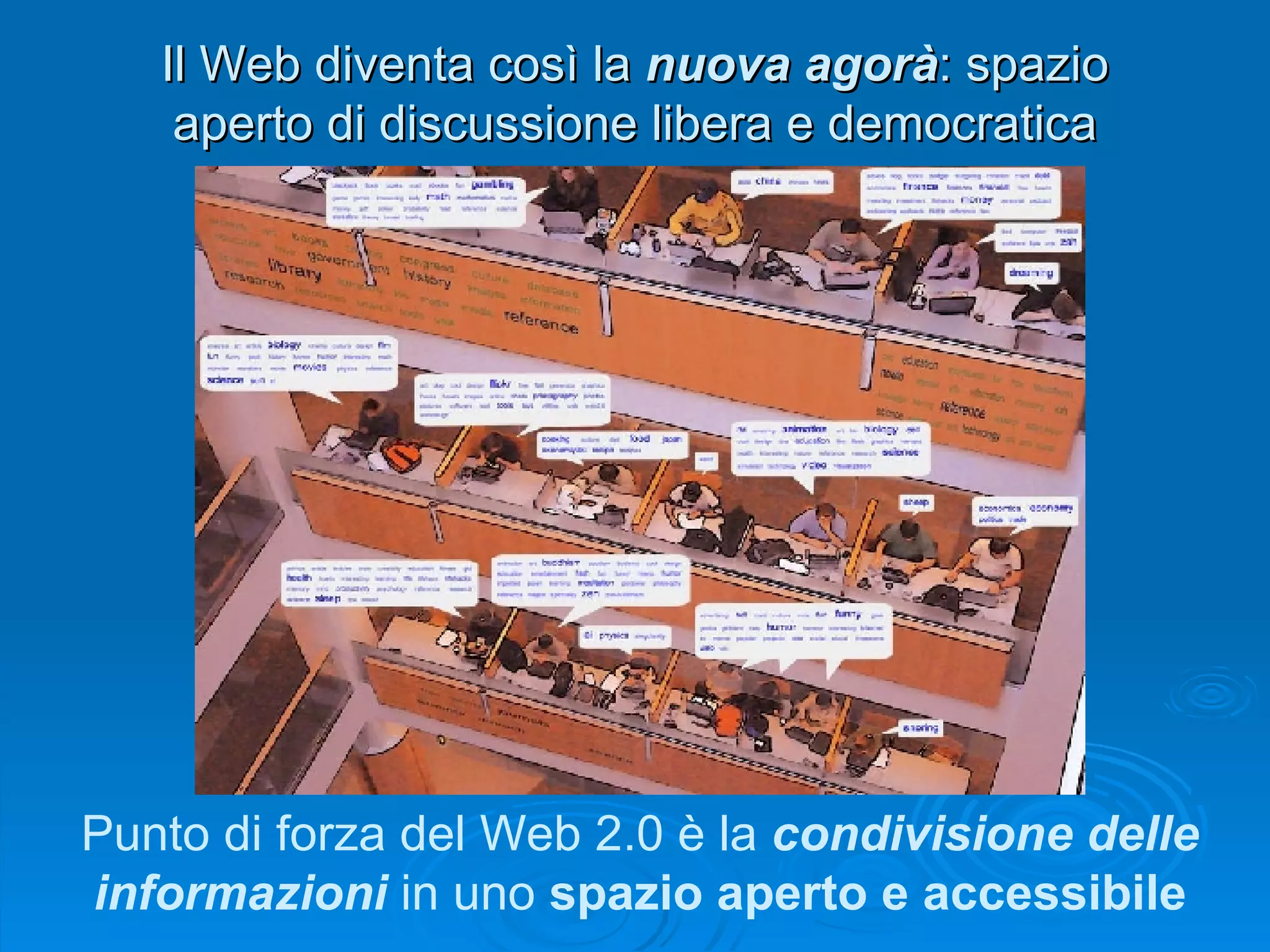 Il Web diventa così la  nuova agorà : spazio aperto di discussione libera e democratica Punto di forza del Web 2.0 è la  condivisione delle informazioni  in uno  spazio aperto e accessibile 