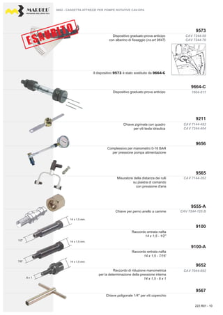 PROFESSIONAL DIESEL SERVICE TOOLS
CAV 7244-125 B
CAV 7144-262
1804-811
9656
9565
9555-A
9567
CAV 7244-59
CAV 7244-70
CAV 7144-482
CAV 7244-404
9211
9573
9664-C
CAV 7044-892
9100-A
9100
9652
14 x 1,5 mm.
14 x 1,5 mm.
14 x 1,5 mm.
1/2"
7/6"
8 x 1
9662 - CASSETTA ATTREZZI PER POMPE ROTATIVE CAV-DPA
Dispositivo graduato prova anticipo
con alberino di fissaggio (ns.art 9647)
Il dispositivo 9573 è stato sostituito da 9664-C
Dispositivo graduato prova anticipo
Chiave zigrinata con quadro
per viti testa idraulica
Raccordo entrata nafta
14 x 1,5 - 7/16'
Raccordo di riduzione manometrica
per la determinazione della pressione interna
14 x 1,5 - 8 x 1
Raccordo entrata nafta
14 x 1,5 - 1/2''
Complessivo per manometro 0-16 BAR
per pressione pompa alimentazione
Misuratore della distanza dei rulli
su piastra di comando
con pressione d'aria
Chiave per perno anello a camme
Chiave poligonale 1/4'' per viti coperchio
222.R01 - 10
 