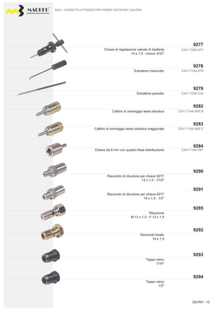PROFESSIONAL DIESEL SERVICE TOOLS
CAV 7244-571
CAV 7144-875
CAV 7144-261
CAV 7244-334
CAV 7144-508 B
CAV 7144-508 C
9277
9278
9279
9284
9283
9282
9290
9291
9293
9292
9285
9294
9662 - CASSETTA ATTREZZI PER POMPE ROTATIVE CAV-DPA
Chiave di regolazione valvola di trasferta
14 x 1,5 - chiave 3/32''
Estrattore manicotto
Calibro di centraggio testa idraulica maggiorata
Estrattore paraolio
Calibro di centraggio testa idraulica
Chiave da 8 mm con quadro fissa distribuzione
Raccordo di riduzione per chiave 9277
14 x 1,5 - 7/16''
Raccordo di riduzione per chiave 9277
14 x 1,5 - 1/2''
Riduzione
M 12 x 1,5 - F 12 x 1,5
Raccordo forato
14 x 1,5
Tappo cieco
7/16''
Tappo cieco
1/2''
222.R01 - 12
 