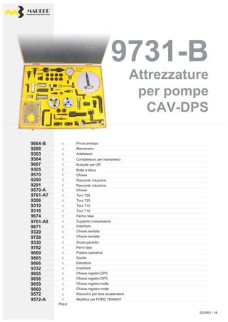 PROFESSIONAL DIESEL SERVICE TOOLS
9731-B9731-B
9288
9303
9304
9570
9305
9667
9291
9290
9306
9570-A
9761-A7
9310
9316
9674
9761-A8
9329
9671
9728
9330
9782
9866
9865
9669
9332
9855
9860
9859
9856
9572-A
9572
1
1
1
1
1
1
1
1
1
1
1
1
1
1
1
1
1
1
1
1
1
1
1
1
1
1
1
1
1
1
1 Complessivo per manometro
Prova anticipo
Manometro
Adattatore
Bussole per OR
Bolla a disco
Chiave
Raccordo riduzione
Raccordo riduzione
Fermo fase
Torx T25
Chiave
Torx T20
Torx T15
Torx T10
Inseritore
Chiave sentata
Chiave sentata
Guida paraolio
Estrattore
Perni fase
Piastra operativa
Giunto
Inseritore
Chiave registro DPS
Chiave registro DPS
Chiave registro molla
Chiave registro molla
Riscontro per leva acceleratore
Modifica per FORD TRANSIT
Supporto comparatore
Pezzi
Attrezzature
per pompe
CAV-DPS
Attrezzature
per pompe
CAV-DPS
222.R01 - 18
 