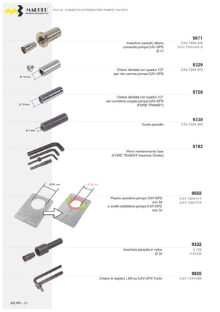 PROFESSIONAL DIESEL SERVICE TOOLS
CAV 1804-411
CAV 1804-410
CAV 7244-573
CAV 7244-445
CAV 7244-445 A
V 706
V 612/B
CAV 7244-586
9671
9329
9728
9330
9669
9332
9855
CAV 7244-485
9782
Ø 4 mm.
Ø 19 mm.
Ø 68 mm. Ø 50 mm.
Ø 16 mm.
9731-B - CASSETTA ATTREZZI PER POMPE CAV-DPS
Inseritore paraolio albero
comando pompa CAV-DPS
Ø 17
Chiave dentata con quadro 1/2''
per vite camme pompa CAV-DPS
Piastra operativa pompa CAV-DPS
mm 68
e anello adattatore pompa CAV-DPC
mm 50
Chiave di registro LDA su CAV-DPS Turbo
Inseritore paraolio in nylon
Ø 20
Chiave dentata con quadro 1/2''
per correttore coppia pompa CAV-DPS
(FORD TRANSIT)
Guida paraolio
Perni mantenimento fase
(FORD TRANSIT Iniezione Diretta)
222.R01 - 21
 