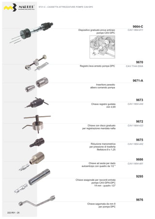 PROFESSIONAL DIESEL SERVICE TOOLS
9670
9664-C
9671-A
9673
9666
9675
9672
9676
9295
CAV 1804-811
CAV 7144-559A
CAV 1804-444
CAV 1804-423
CAV 1804-442
CAV 1804-401
Inseritore paraolio
albero comando pompa
Registro leva arresto pompa DPC
Dispositivo graduato prova anticipo
pompe CAV-DPC
Chiave esagonale per raccordi entrata
pompe CAV-DPA-DPC
14 mm - quadro 1/2''
Chiave con disco graduato
per registrazione mandata nafta
Chiave registro guidata
mm 4,85
Riduzione manometrica
per pressione di trasferta
filettatura 8 x 1,25
Chiave ad asola per dado
autoanticipo con quadro da 1/2 ''
9731-C - CASSETTA ATTREZZATURE POMPE CAV-DPC
Chiave sagomata da mm 8
per pompe DPC
222.R01 - 25
 