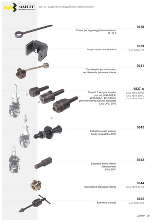 PROFESSIONAL DIESEL SERVICE TOOLS
9678
9341
9339
9837-A
9842
9362
9344
9832
B
D
C
CAV 1804-417
CAV 1804-809 B
CAV 1804-809 C
CAV 1804-809 D
CAV 1804-447 B
CAV 1804-800
Chiave per ingranaggio trascinamento
Ø 35,5
Supporto per testa idraulica
Estrattore anello esterno
fondo pompa CAV-DPC
Estrattore anello interno
del cuscinetto
CAV-DPC
Raccordo di pressione interna
Complessivo per manometro
per rilevare la pressione interna
Serie di 3 tamponi in nylon
(ns. art. 9837-809-B,
9837-809-D, 9837-809C)
per inserimento manuale cuscinetti
CAV-DPC, DPS
9731-C - CASSETTA ATTREZZATURE POMPE CAV-DPC
Estrattore bussola
222.R01 - 26
 