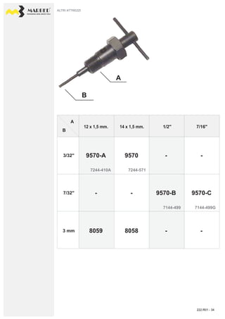 PROFESSIONAL DIESEL SERVICE TOOLS
A
B
A
12 x 1,5 mm.
9570-A
7244-410A 7244-571
7144-499 7144-499G
9570
- -
- -
--
9570-B
8059 8058
14 x 1,5 mm. 7/16"
B
1/2"
3/32"
7/32"
3 mm
9570-C
ALTRI ATTREZZI
222.R01 - 34
 