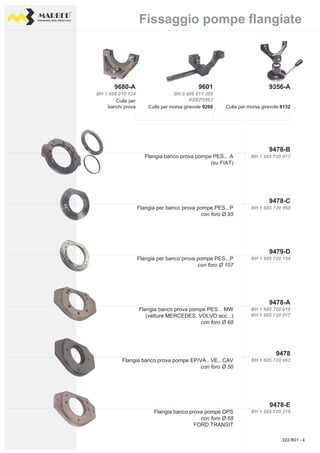 PROFESSIONAL DIESEL SERVICE TOOLS
9478-B
BH 1 685 720 017
9356-A9601
BH 0 986 611 358
KDEP2963
9680-A
BH 1 688 010 124
9478-C
BH 1 685 720 060
9479-D
BH 1 685 720 159
9478
9478-A
BH 1 685 720 018
BH 1 685 720 017
BH 1 685 720 062
BH 1 685 720 219
9478-E
Flangia banco prova pompe PES... A
(su FIAT)
Culla per
banchi prova Culla per morsa girevole 9260 Culla per morsa girevole 8132
Flangia per banco prova pompe PES...P
con foro Ø 95
Flangia per banco prova pompe PES...P
con foro Ø 107
Flangia banco prova pompe PES... MW
(vetture MERCEDES, VOLVO ecc...)
con foro Ø 68
Flangia banco prova pompe EP/VA.. VE.. CAV
con foro Ø 50
Flangia banco prova pompe DPS
con foro Ø 68
FORD TRANSIT
Fissaggio pompe flangiateFissaggio pompe flangiate
222.R01 - 4
 